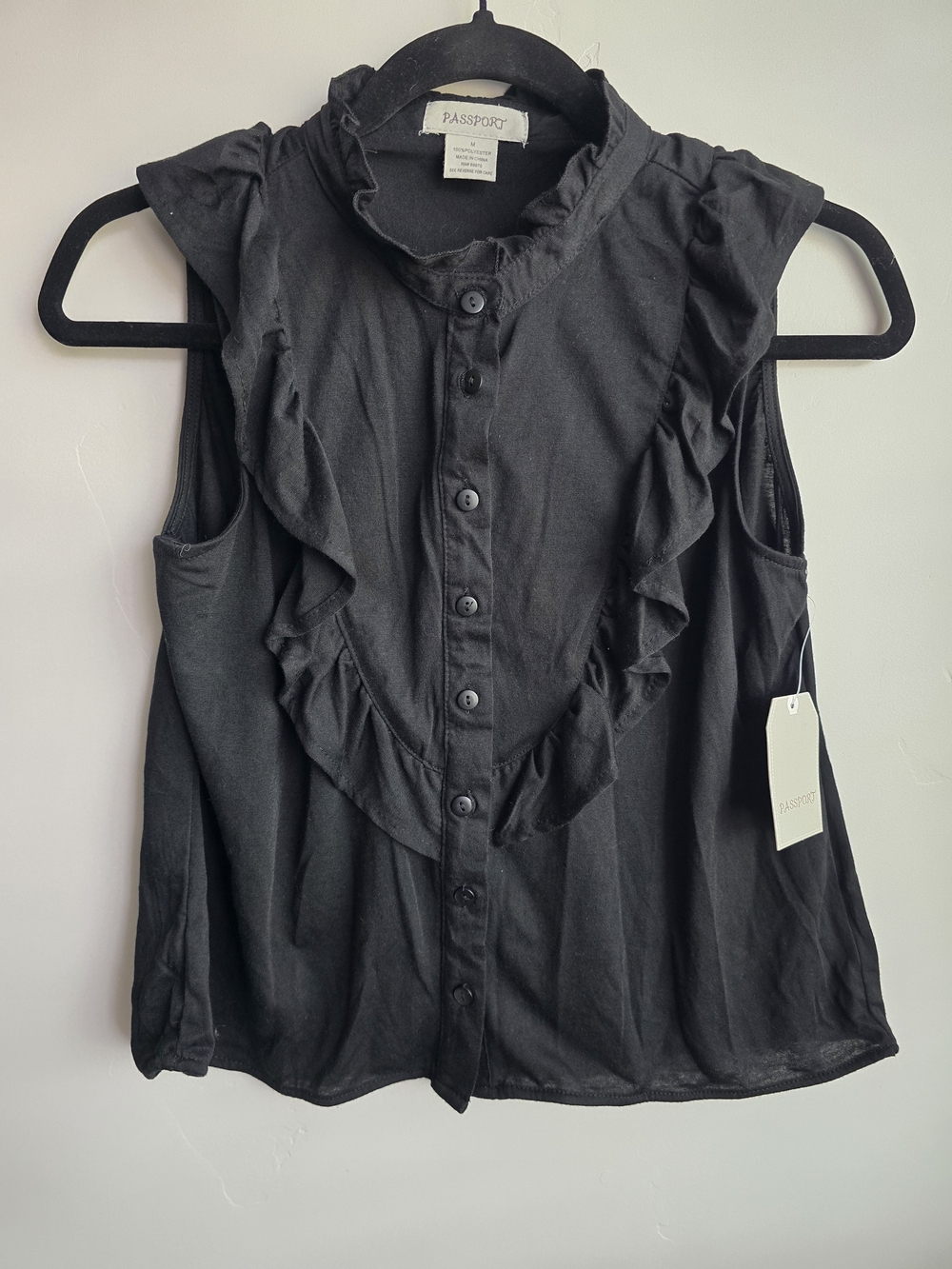 Passport Black Ruffle-Trim Sleeveless Button Front Blouse